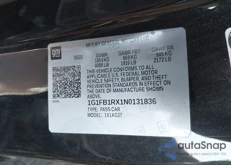 2022 Chevrolet Camaro Rwd 1Ls из США, поврежденный, VIN 1G1FB1RX1N0131836